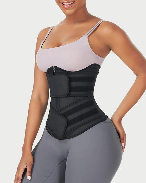 Black Latex Double Belt Waist Trainer | Under Bust Support & Tummy Control curvify.me