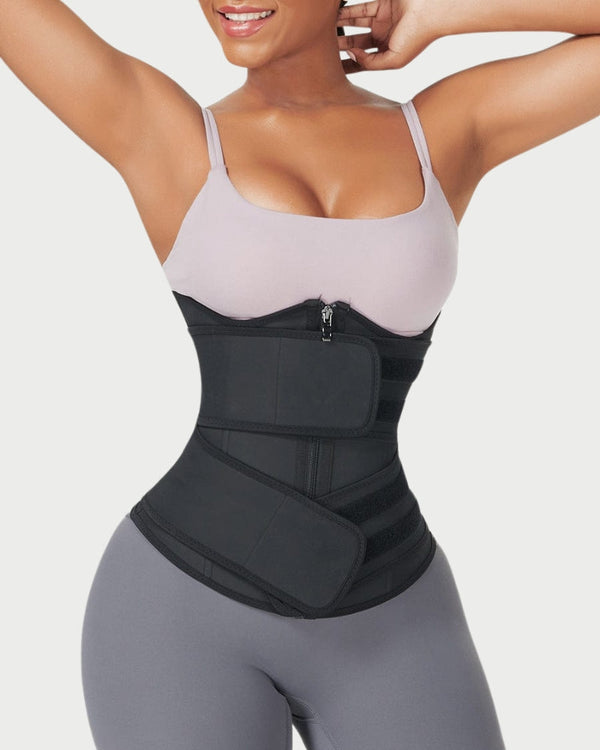 Black Latex Double Belt Waist Trainer | Under Bust Support & Tummy Control curvify.me
