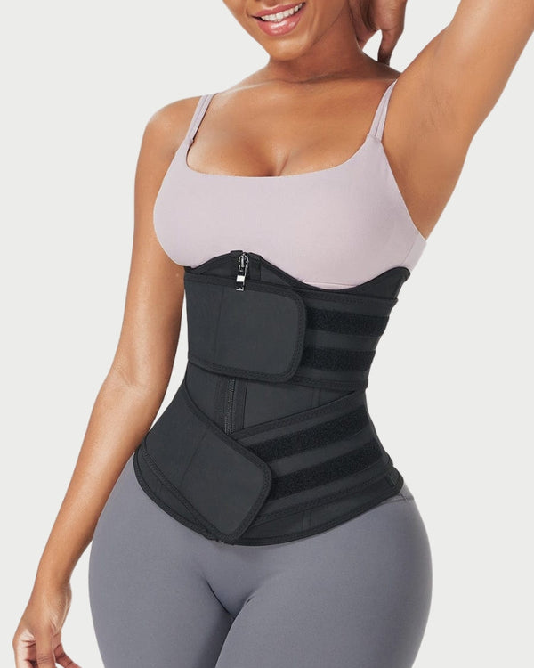 Black Latex Double Belt Waist Trainer | Under Bust Support & Tummy Control curvify.me