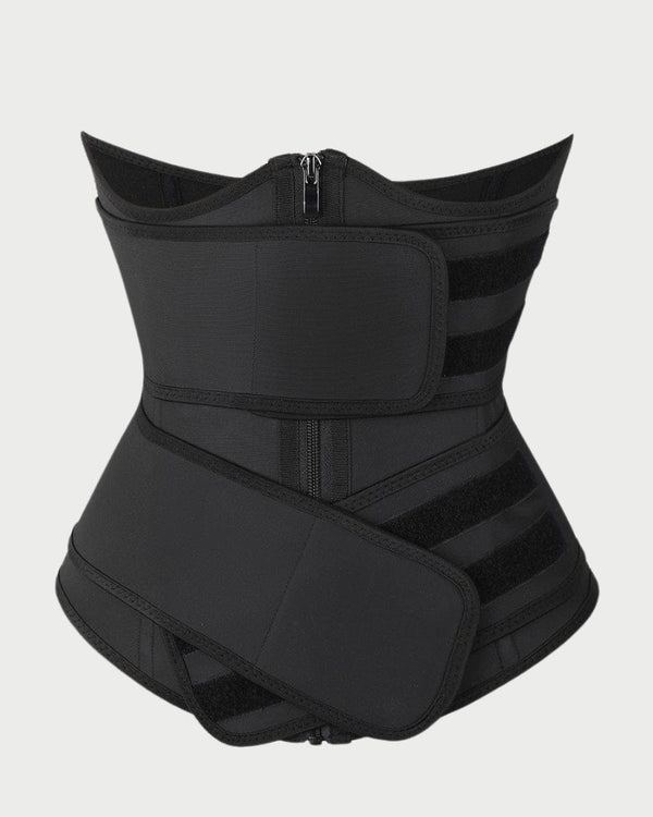 Black Latex Double Belt Waist Trainer | Under Bust Support & Tummy Control curvify.me