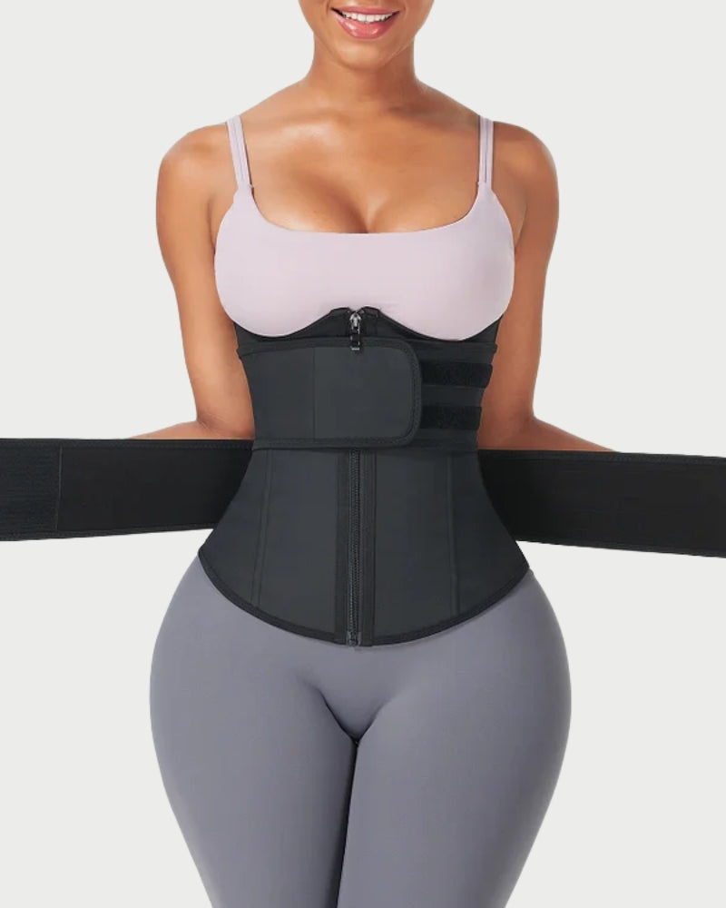 Black Latex Double Belt Waist Trainer | Under Bust Support & Tummy Control curvify.me