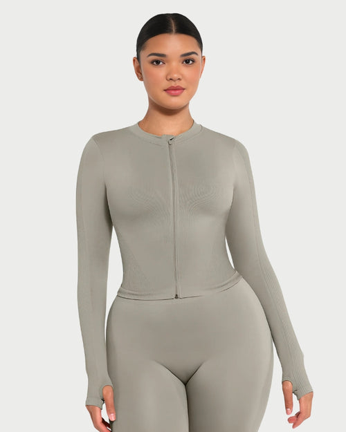 Seamless Full Zipper Running Top | Waist Control & Thumb Holes curvify.me
