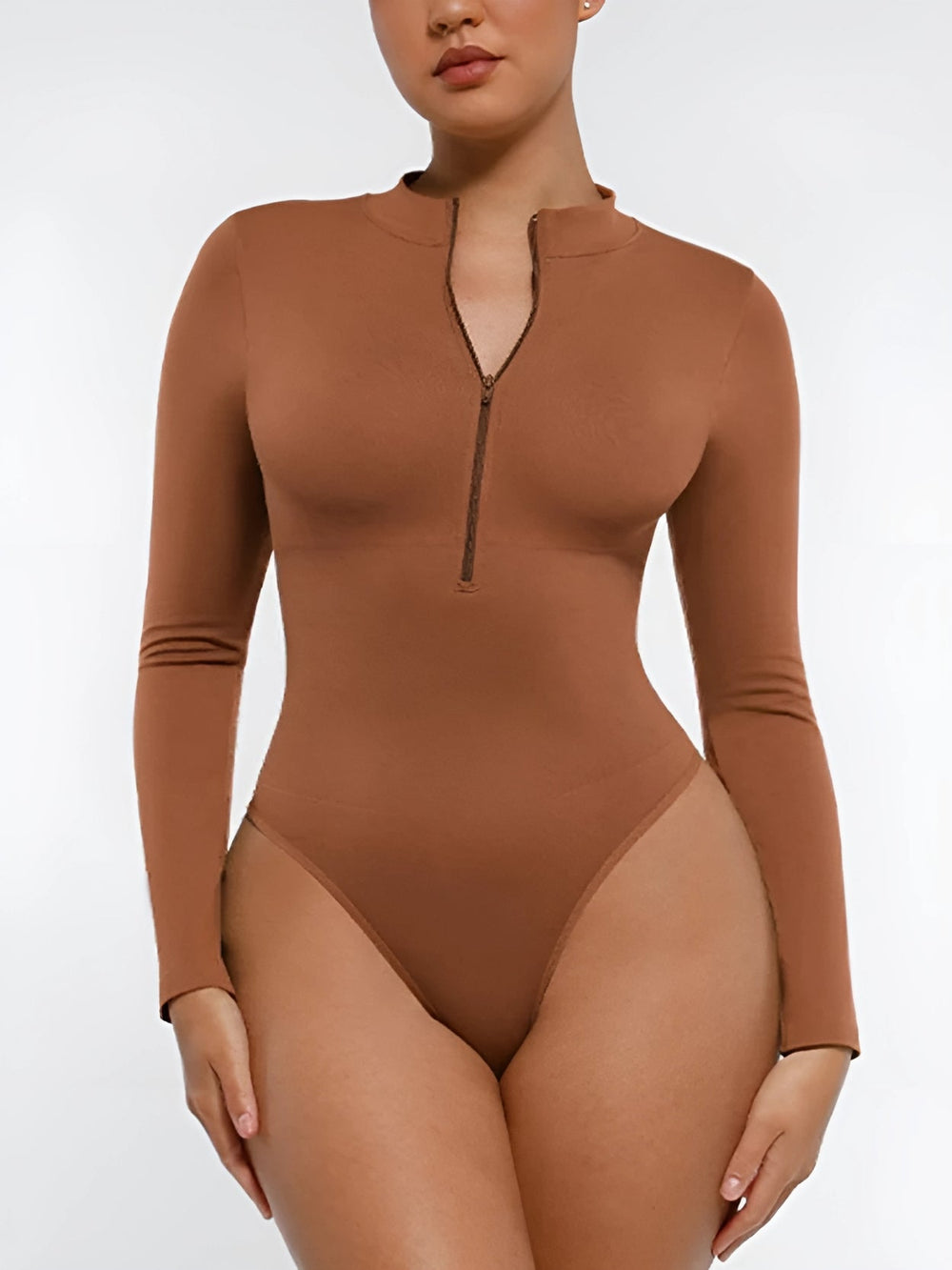 Seamless Long Sleeve Zipper Thong Bodysuit – High-Stretch, Shaping & Comfortable for Women curvify.me