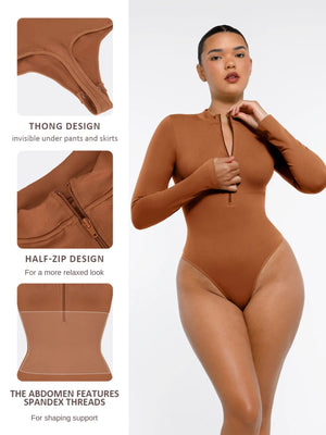 Seamless Long Sleeve Zipper Thong Bodysuit – High-Stretch, Shaping & Comfortable for Women curvify.me