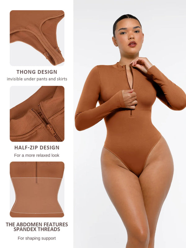 Seamless Long Sleeve Zipper Thong Bodysuit – High-Stretch, Shaping & Comfortable for Women curvify.me
