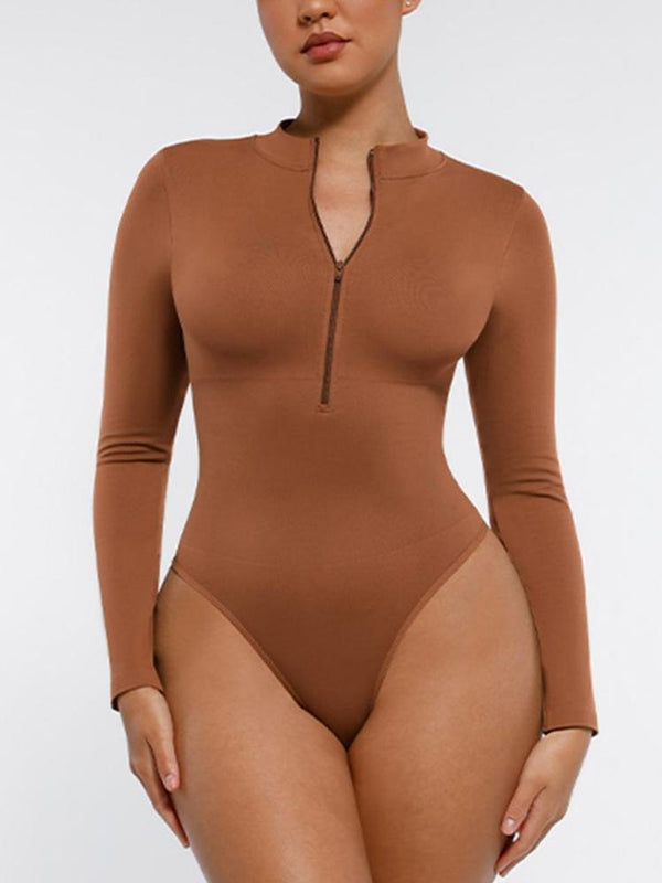 Seamless Long Sleeve Zipper Thong Bodysuit – High-Stretch, Shaping & Comfortable for Women
