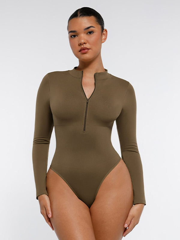 Seamless Long Sleeve Zipper Thong Bodysuit – High-Stretch, Shaping & Comfortable for Women